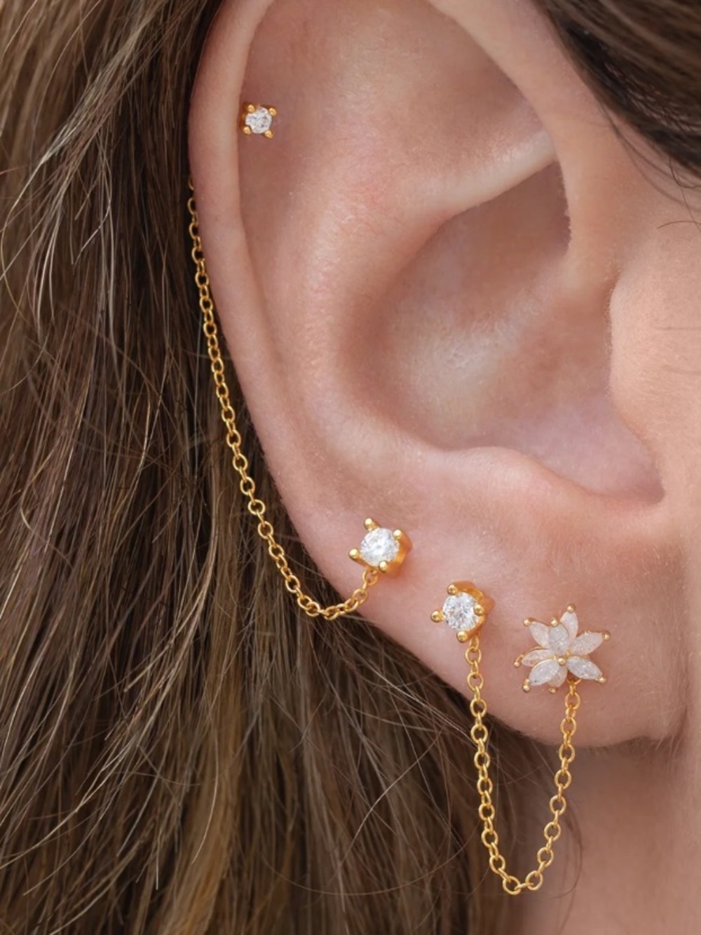 ettika Gold Double Stud Chain Earrings with Clear Stones